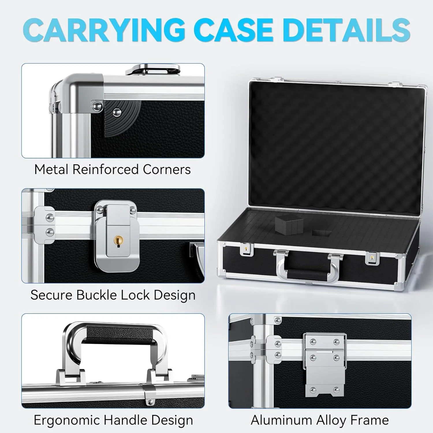 17 Inch Hard Shell Carrying Case, Aluminum Alloy Sturdy Build, Customizable Pre-Diced Foam, Suitable for Wireless Mic System Storage & Camera Gear Transportation, Black