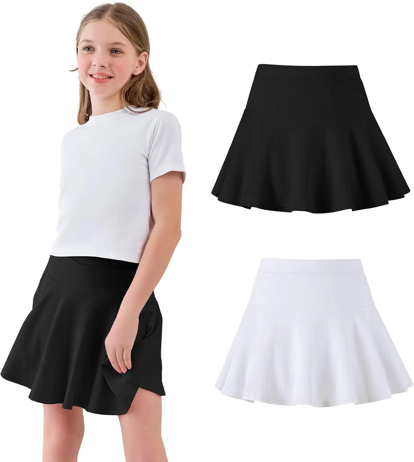 2 Pack Little Girls Tennis Skirt Skorts Built in Shorts Toddler Flowy Athletic Skirts Skorts for Girls with Pockets