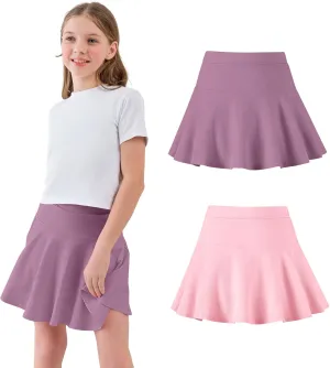 2 Pack Little Girls Tennis Skirt Skorts Built in Shorts Toddler Flowy Athletic Skirts Skorts for Girls with Pockets