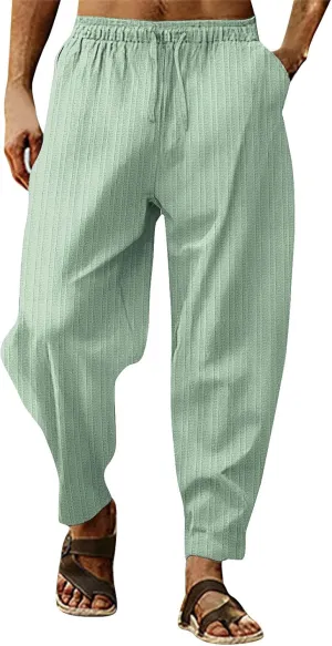 2023 Mens Linen Harem Capri Pants Plus Size Lightweight Loose Drawstring Elastic Waist Trousers Casual Beach Yoga Sweatpants