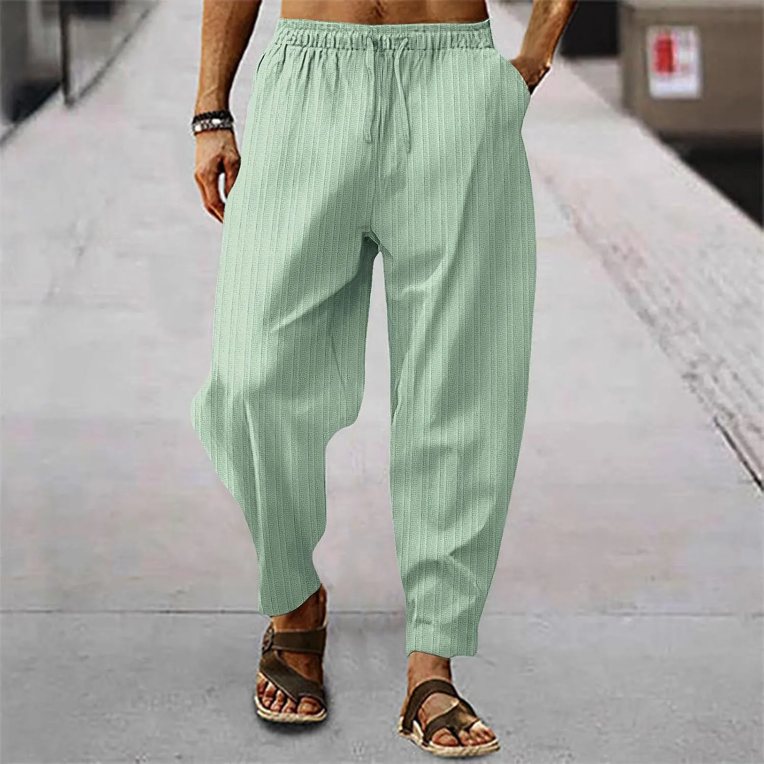 2023 Mens Linen Harem Capri Pants Plus Size Lightweight Loose Drawstring Elastic Waist Trousers Casual Beach Yoga Sweatpants