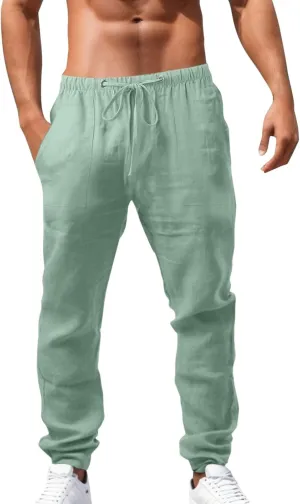 2023 Mens Linen Pants Casual Loose Lightweight Sweatpants Drawstring Elastic Waist Yoga Beach Trousers Breathable Joggers