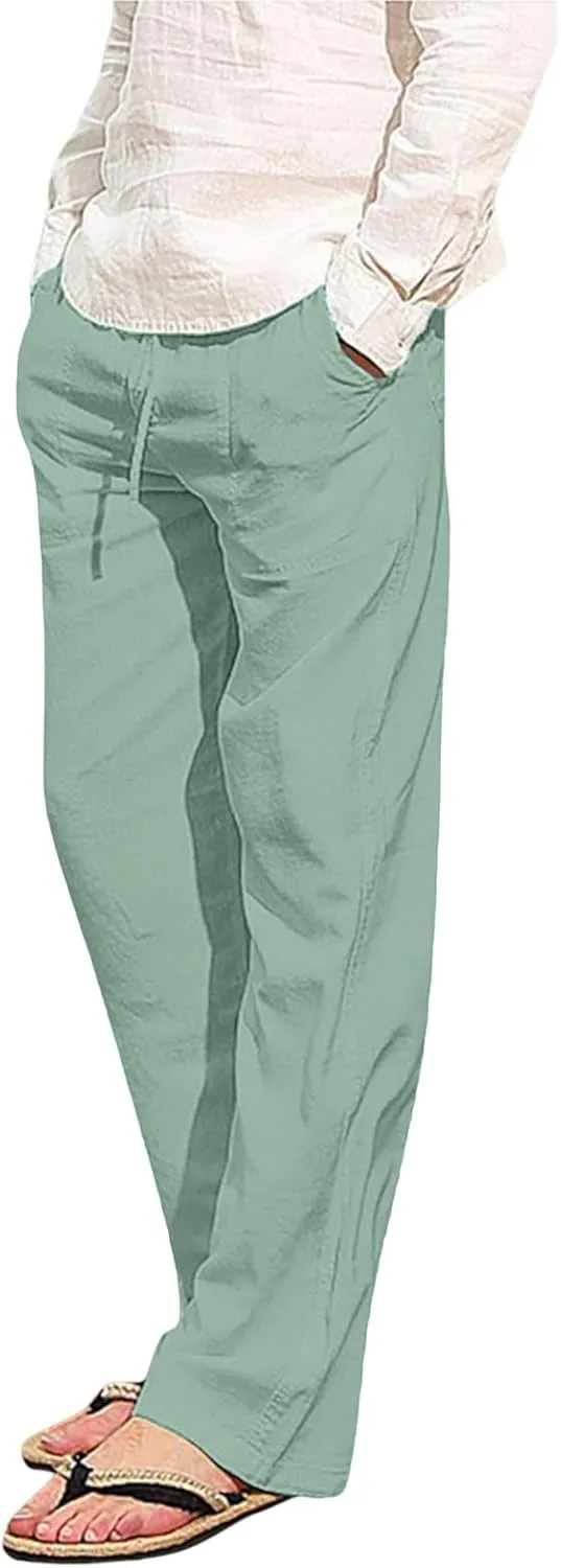 2023 Mens Linen Pants Casual Loose Lightweight Sweatpants Drawstring Elastic Waist Yoga Beach Trousers Breathable Joggers