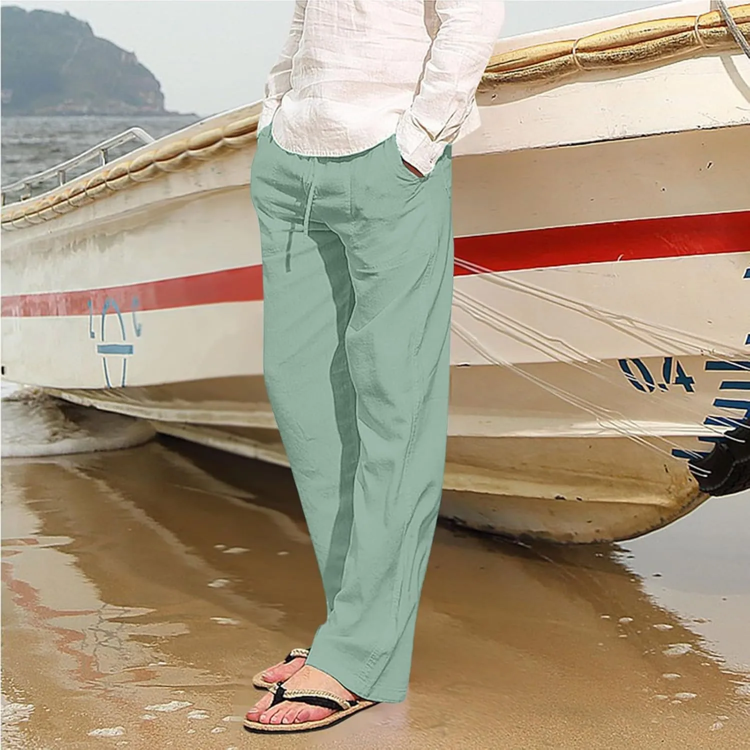 2023 Mens Linen Pants Casual Loose Lightweight Sweatpants Drawstring Elastic Waist Yoga Beach Trousers Breathable Joggers