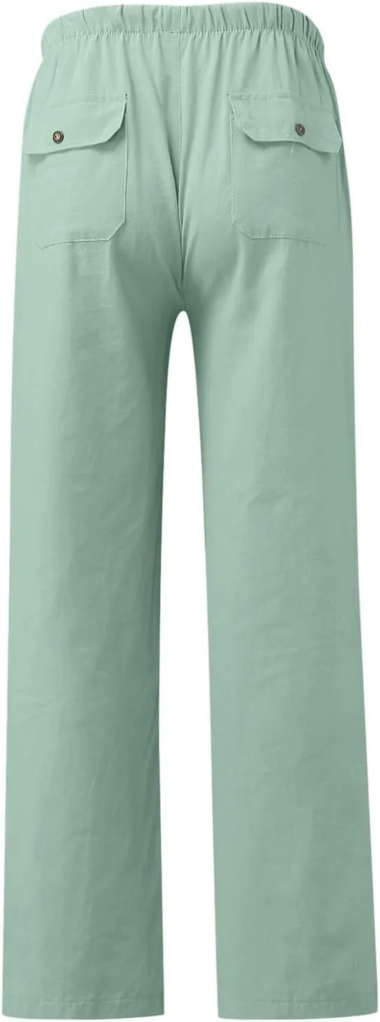 2023 Mens Linen Pants Casual Loose Lightweight Sweatpants Drawstring Elastic Waist Yoga Beach Trousers Breathable Joggers