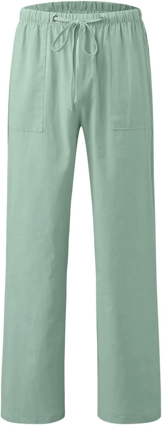 2023 Mens Linen Pants Casual Loose Lightweight Sweatpants Drawstring Elastic Waist Yoga Beach Trousers Breathable Joggers