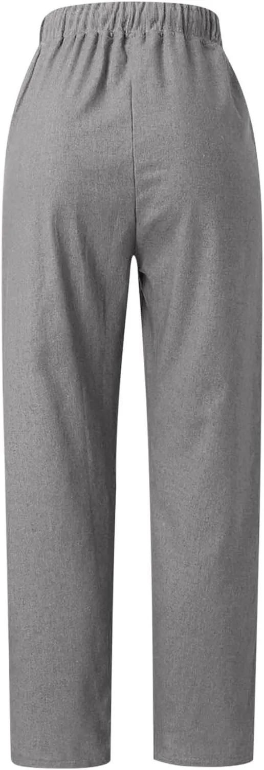 2025 Women's Elastic Waist Linen Trousers Vertisble Straight Trnedy Casual Solid Wide Leg Pants Cropped Long Pants