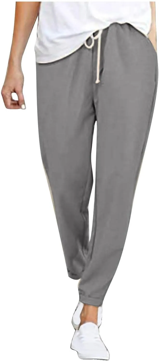 2025 Women's Elastic Waist Linen Trousers Vertisble Straight Trnedy Casual Solid Wide Leg Pants Cropped Long Pants