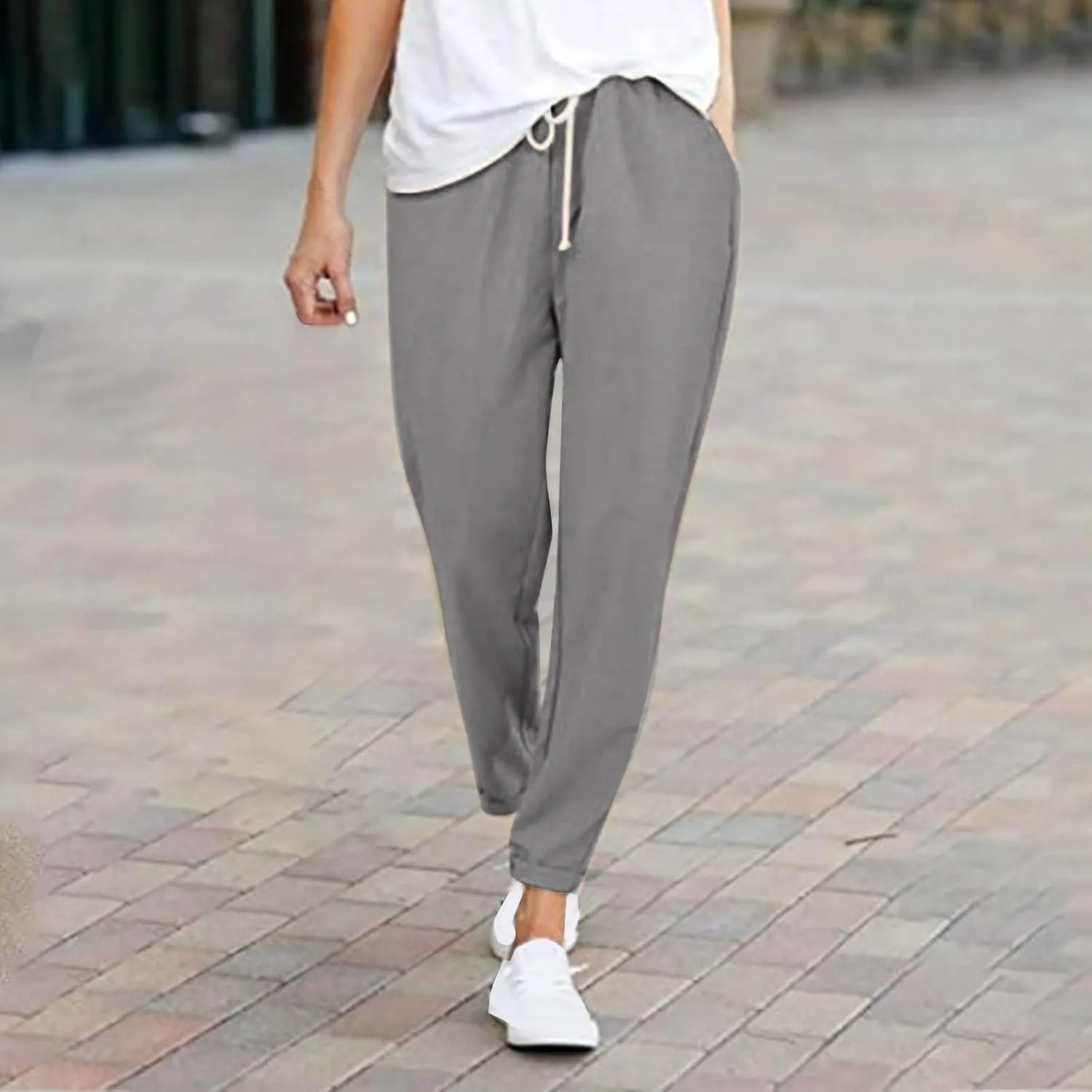 2025 Women's Elastic Waist Linen Trousers Vertisble Straight Trnedy Casual Solid Wide Leg Pants Cropped Long Pants