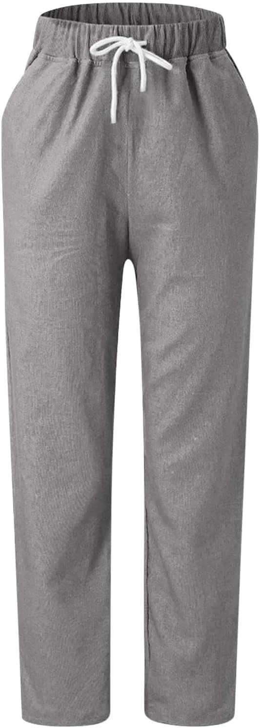 2025 Women's Elastic Waist Linen Trousers Vertisble Straight Trnedy Casual Solid Wide Leg Pants Cropped Long Pants