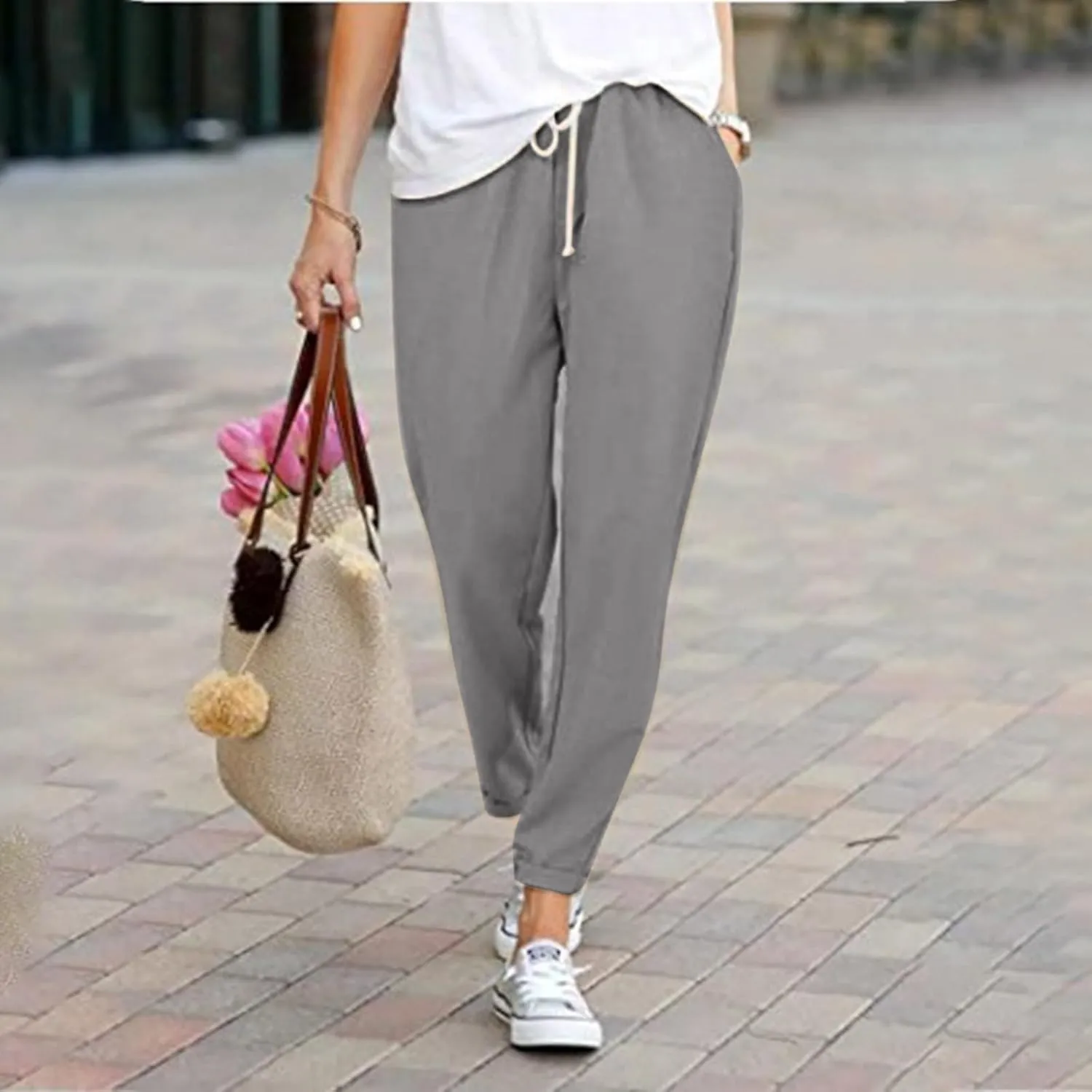 2025 Women's Elastic Waist Linen Trousers Vertisble Straight Trnedy Casual Solid Wide Leg Pants Cropped Long Pants