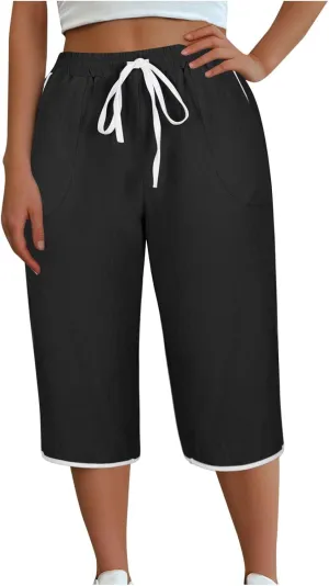 2025 Women's Plus Size Linen Capri Lounge Pants - Fashion Solid Color Drawstring Minimalist Casual Cropped Trousers