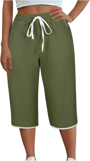 2025 Women's Plus Size Linen Capri Lounge Pants - Fashion Solid Color Drawstring Minimalist Casual Cropped Trousers
