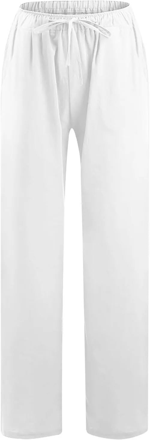 2PC Women's Casual Linen Pant Summer Drawstring Straight Slacks Elastic Waist Leg Palazzo Flowy Wide Leg Pants