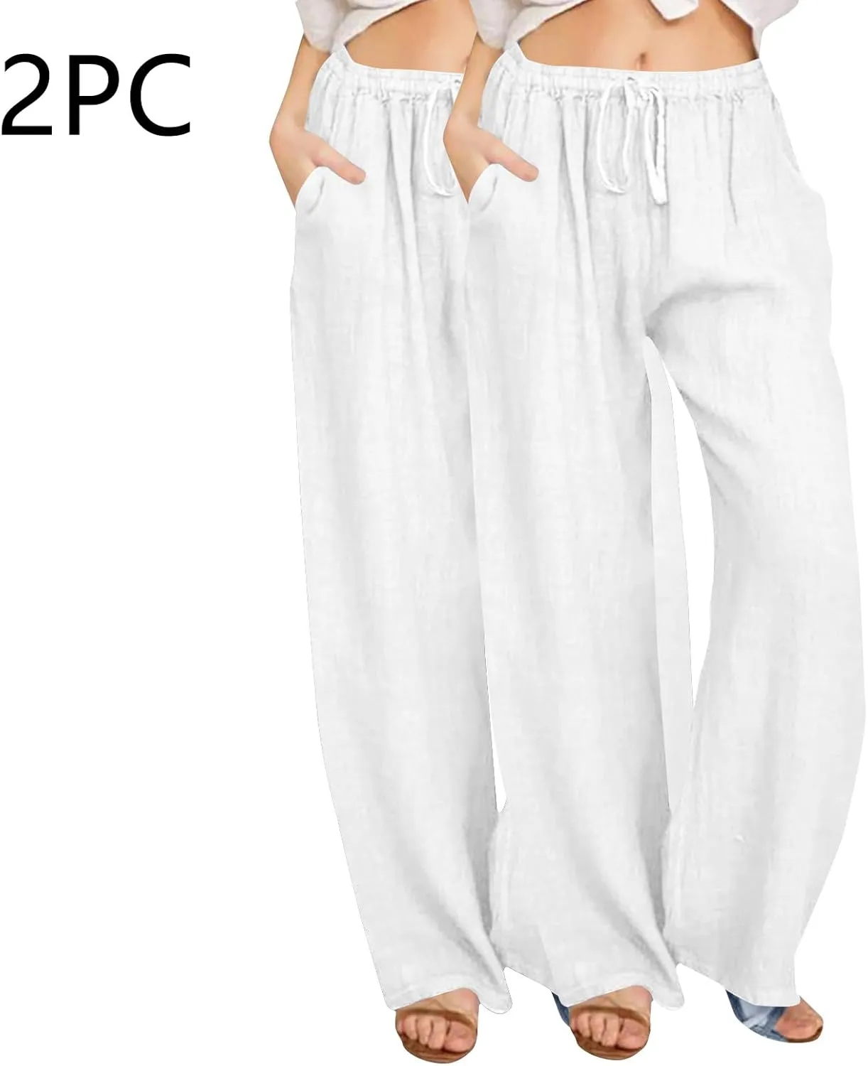 2PC Women's Casual Linen Pant Summer Drawstring Straight Slacks Elastic Waist Leg Palazzo Flowy Wide Leg Pants