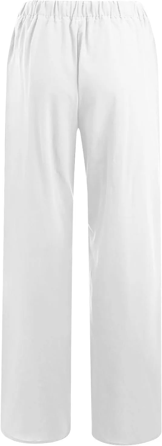 2PC Women's Casual Linen Pant Summer Drawstring Straight Slacks Elastic Waist Leg Palazzo Flowy Wide Leg Pants