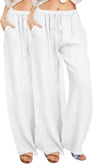 2PC Women's Casual Linen Pant Summer Drawstring Straight Slacks Elastic Waist Leg Palazzo Flowy Wide Leg Pants