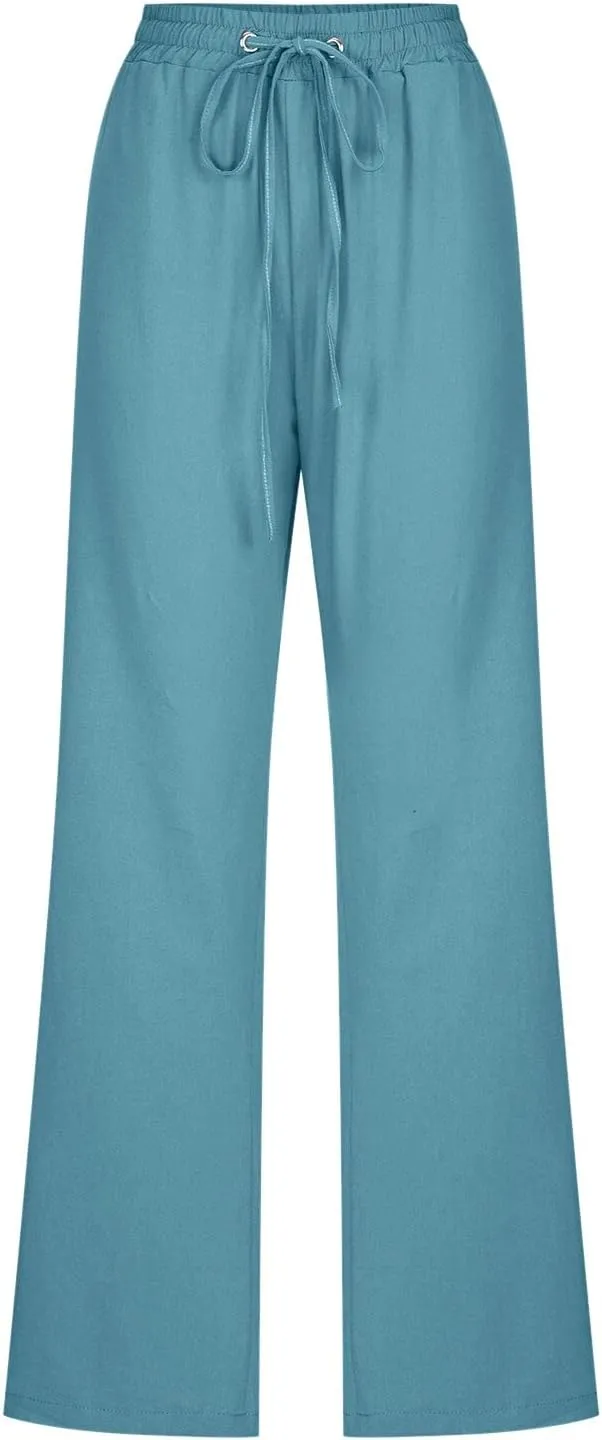 aihihe Linen Pants for Women Casual Summer Drawstring Elastic High Waist Yoga Pants Loose Fit Comfy Straight Leg Palazzo Pant