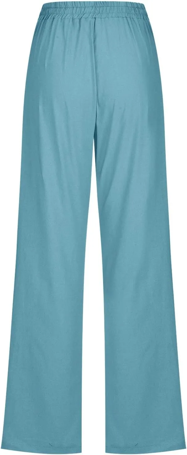 aihihe Linen Pants for Women Casual Summer Drawstring Elastic High Waist Yoga Pants Loose Fit Comfy Straight Leg Palazzo Pant