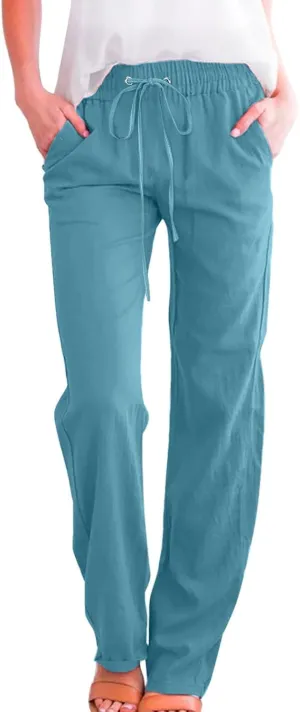 aihihe Linen Pants for Women Casual Summer Drawstring Elastic High Waist Yoga Pants Loose Fit Comfy Straight Leg Palazzo Pant