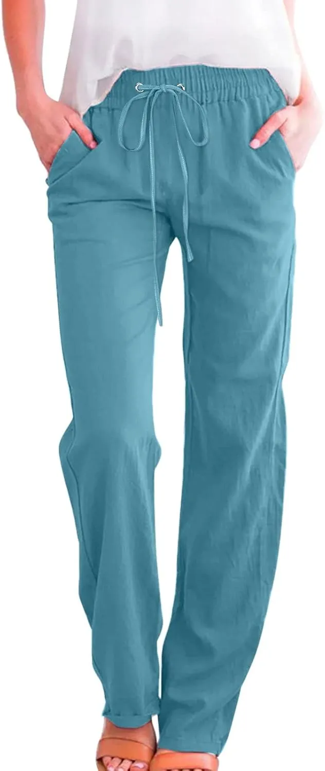 aihihe Linen Pants for Women Casual Summer Drawstring Elastic High Waist Yoga Pants Loose Fit Comfy Straight Leg Palazzo Pant