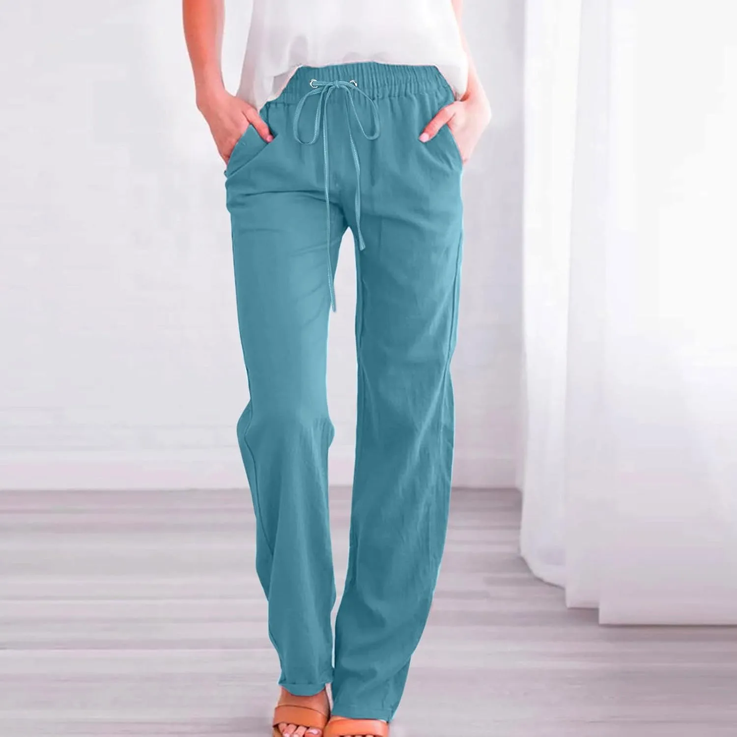 aihihe Linen Pants for Women Casual Summer Drawstring Elastic High Waist Yoga Pants Loose Fit Comfy Straight Leg Palazzo Pant