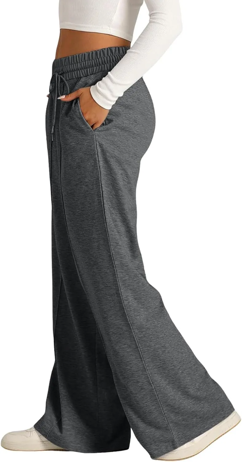 Aniywn Sweatpants Women Baggy Wide Leg Elastic Drawstring Straight Leg Lounge Pants Open Bottom High Waist Joggers Trouser