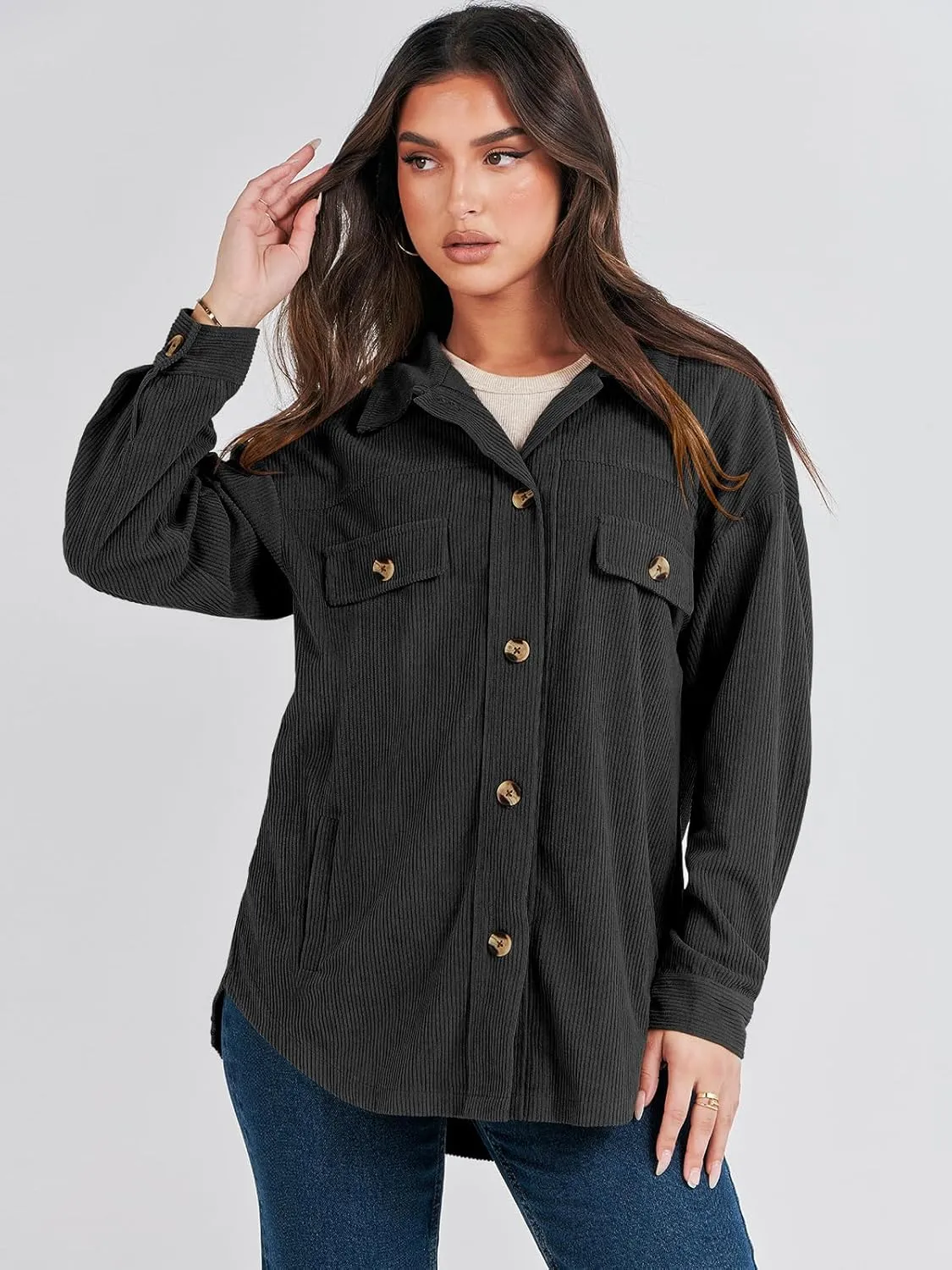 ANRABESS Womens Corduroy Shacket Button Down Shirts Oversized Long Sleeve Casual Cardigan Jacket 2025 Fall Fashion Clothes