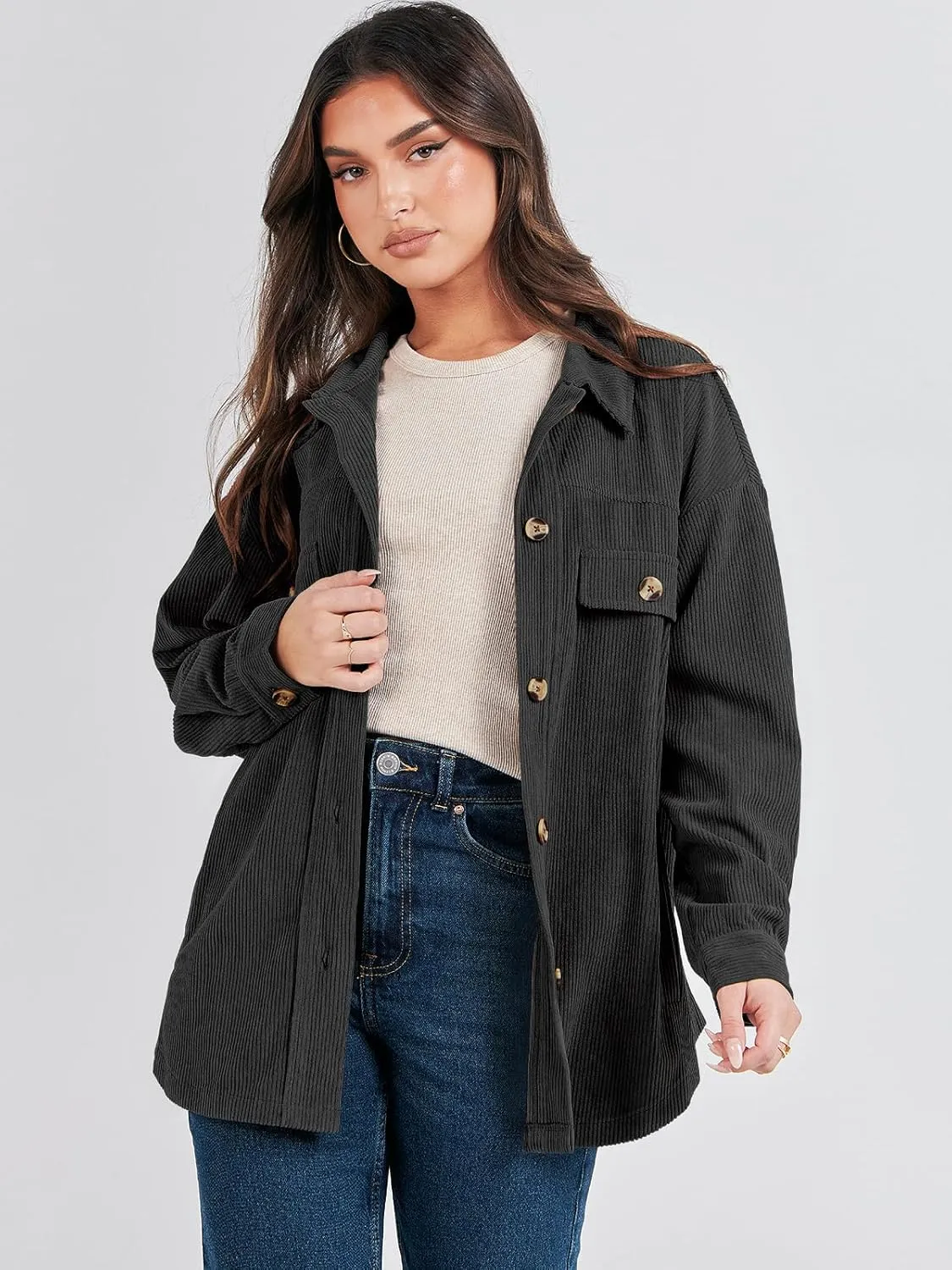 ANRABESS Womens Corduroy Shacket Button Down Shirts Oversized Long Sleeve Casual Cardigan Jacket 2025 Fall Fashion Clothes