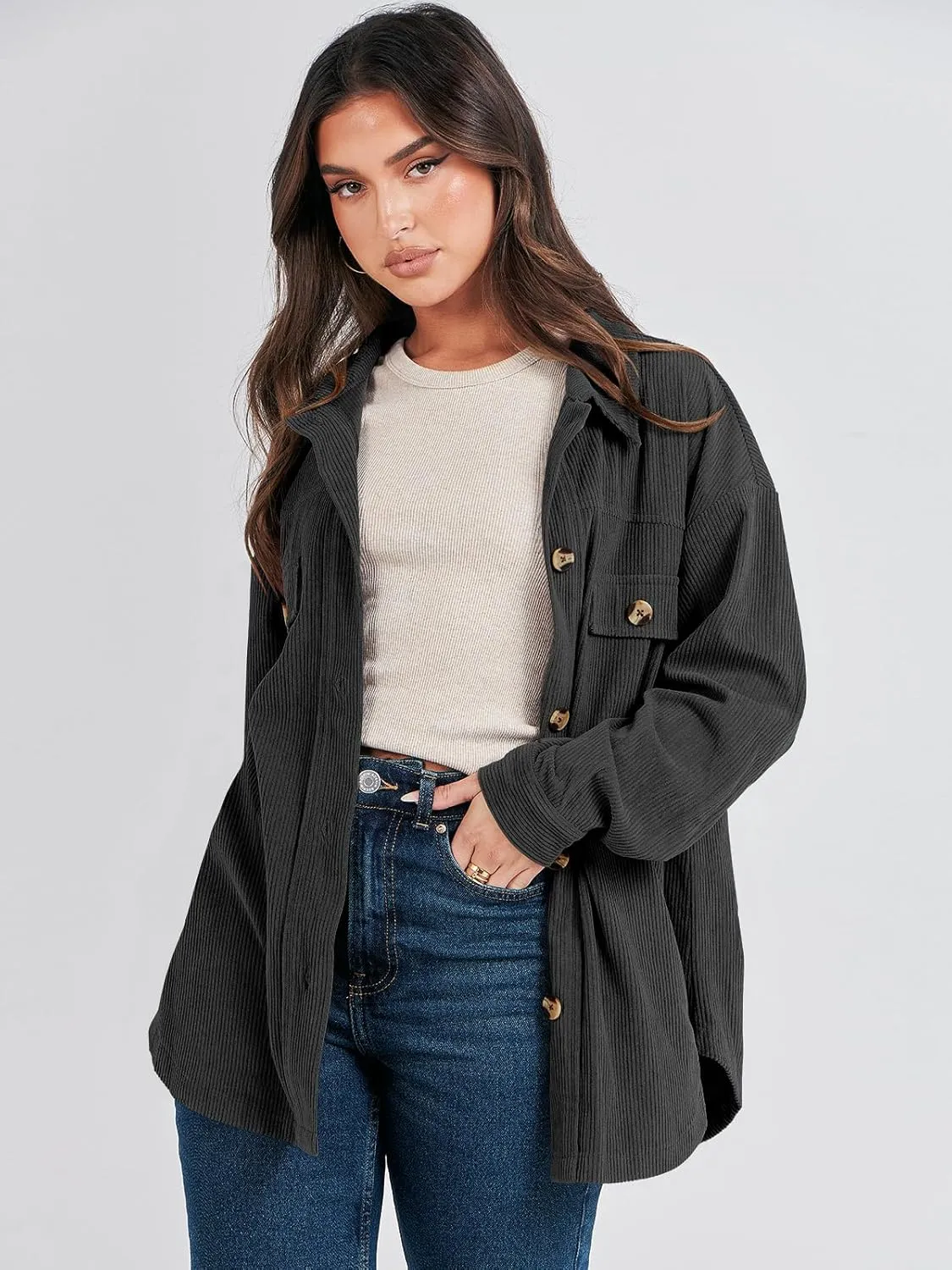 ANRABESS Womens Corduroy Shacket Button Down Shirts Oversized Long Sleeve Casual Cardigan Jacket 2025 Fall Fashion Clothes