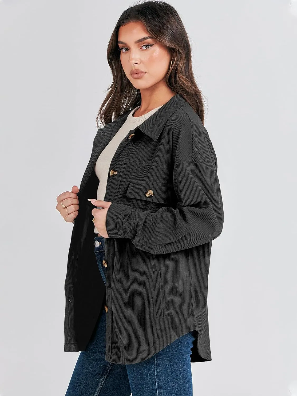 ANRABESS Womens Corduroy Shacket Button Down Shirts Oversized Long Sleeve Casual Cardigan Jacket 2025 Fall Fashion Clothes