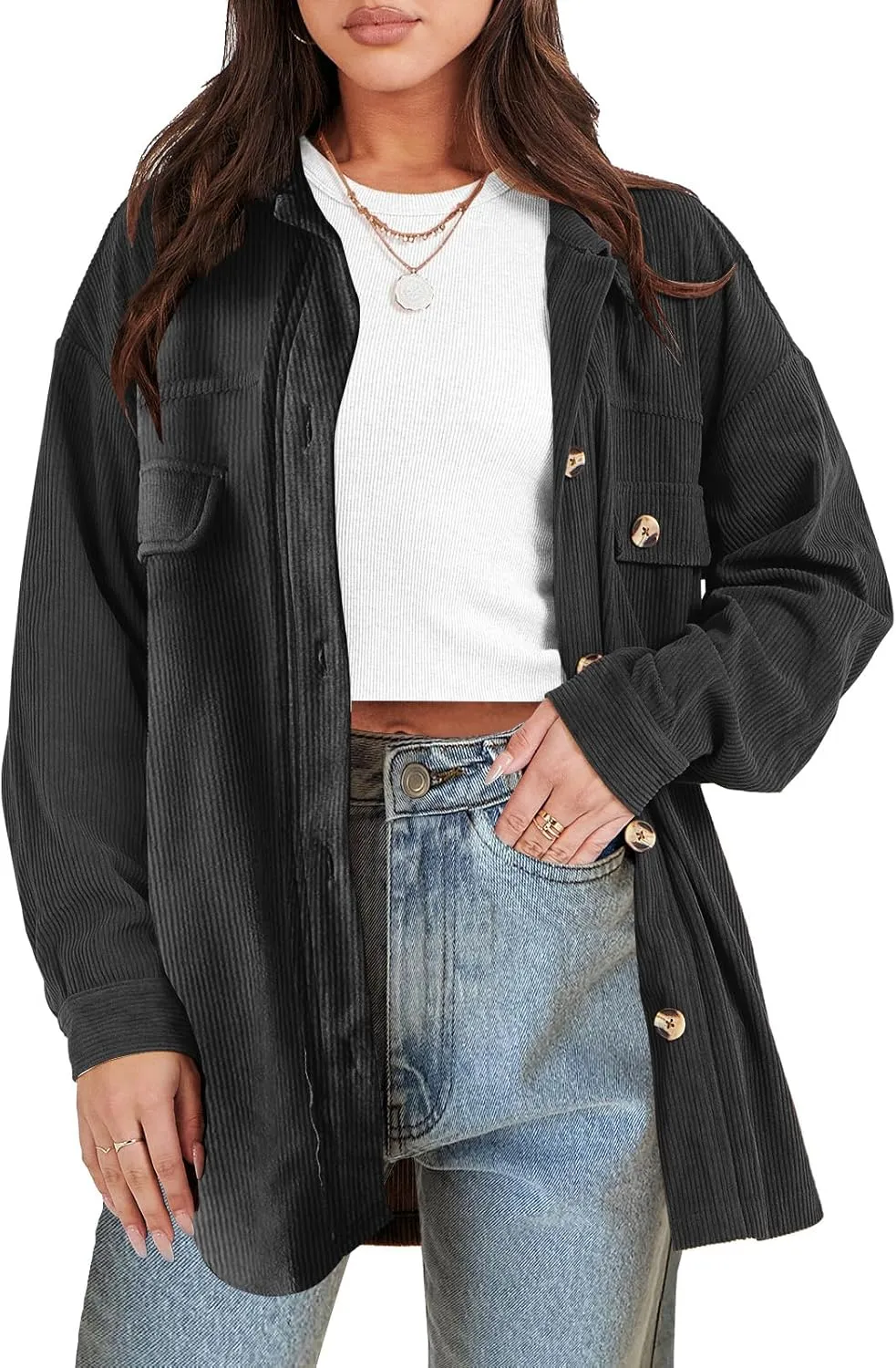 ANRABESS Womens Corduroy Shacket Button Down Shirts Oversized Long Sleeve Casual Cardigan Jacket 2025 Fall Fashion Clothes