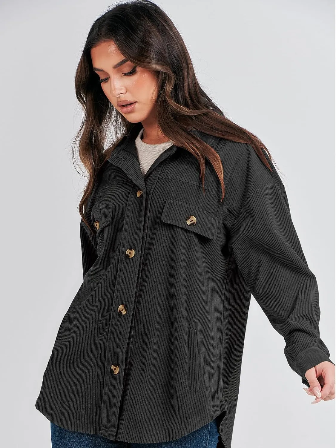 ANRABESS Womens Corduroy Shacket Button Down Shirts Oversized Long Sleeve Casual Cardigan Jacket 2025 Fall Fashion Clothes
