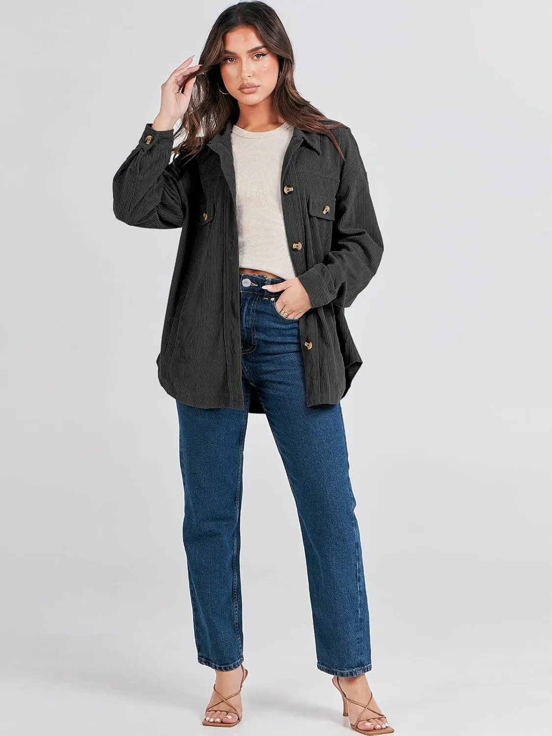 ANRABESS Womens Corduroy Shacket Button Down Shirts Oversized Long Sleeve Casual Cardigan Jacket 2025 Fall Fashion Clothes