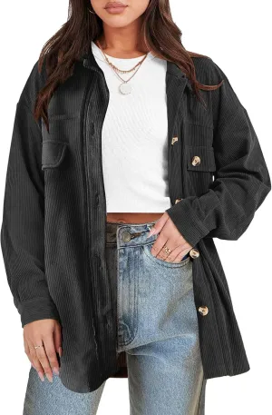 ANRABESS Womens Corduroy Shacket Button Down Shirts Oversized Long Sleeve Casual Cardigan Jacket 2025 Fall Fashion Clothes