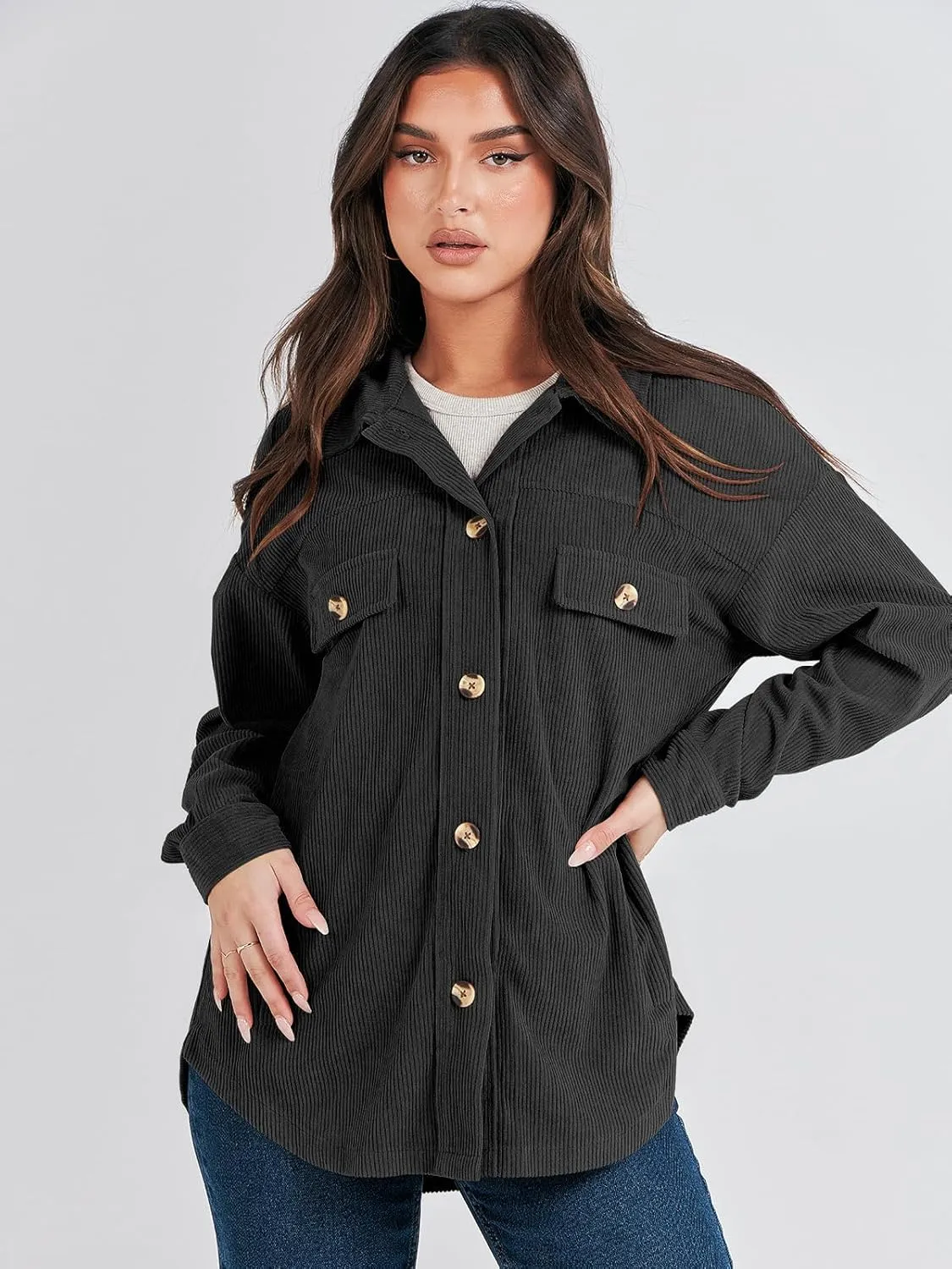 ANRABESS Womens Corduroy Shacket Button Down Shirts Oversized Long Sleeve Casual Cardigan Jacket 2025 Fall Fashion Clothes