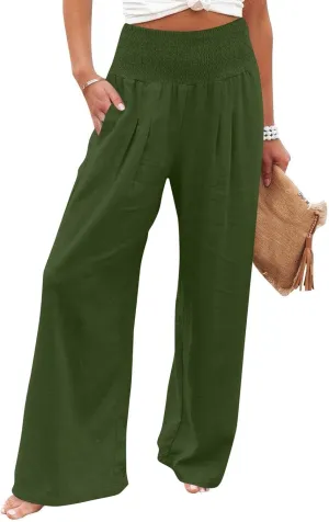 Baggy Linen Pants Women Summer High Waisted Wide Leg Palazzo Pants Smocked Pant Lounge Work Trousers with Pockets