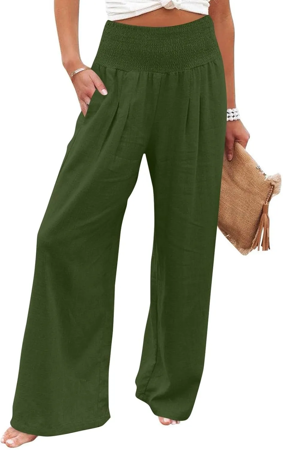 Baggy Linen Pants Women Summer High Waisted Wide Leg Palazzo Pants Smocked Pant Lounge Work Trousers with Pockets