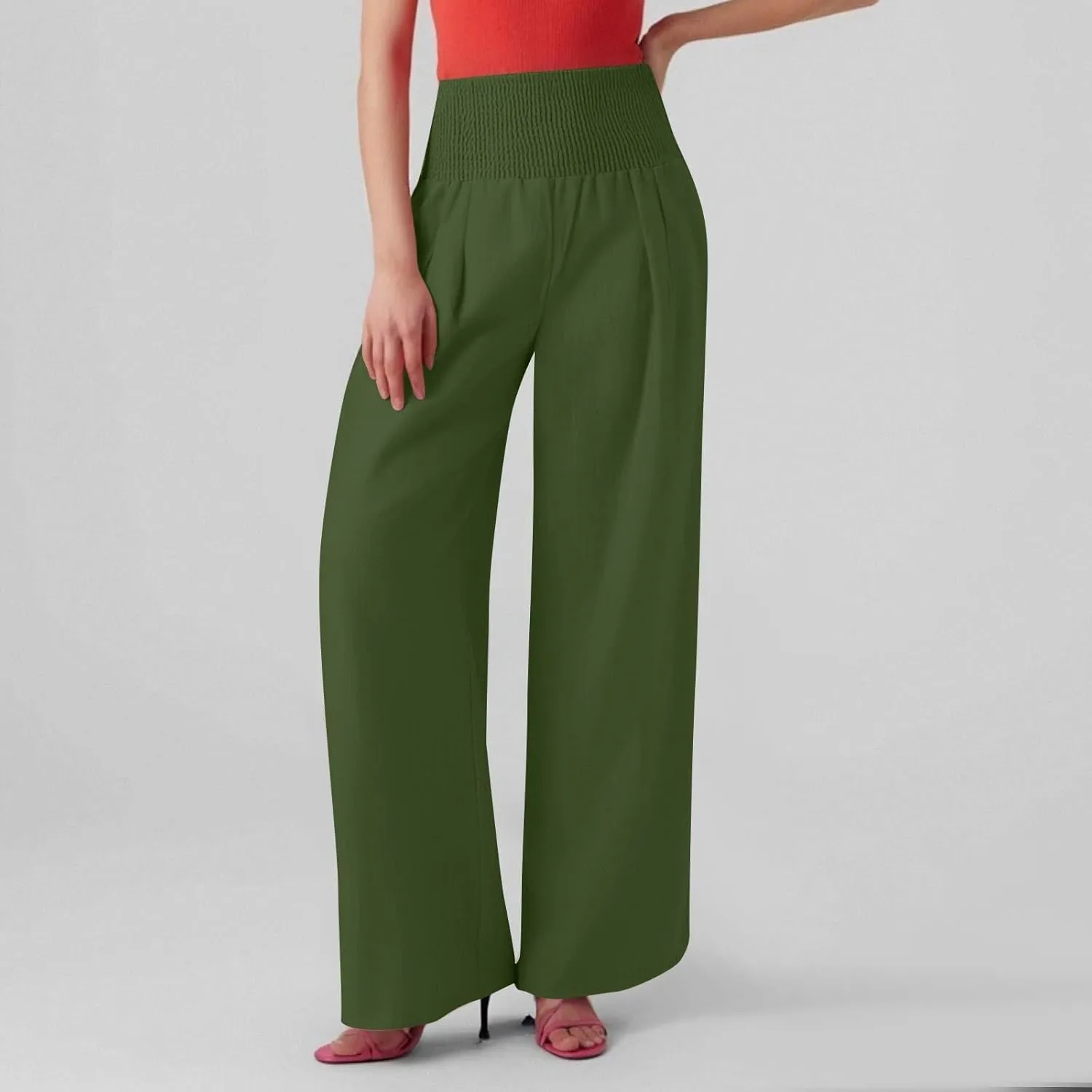 Baggy Linen Pants Women Summer High Waisted Wide Leg Palazzo Pants Smocked Pant Lounge Work Trousers with Pockets