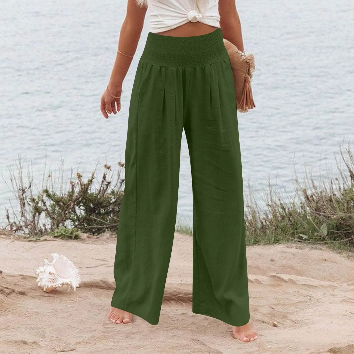 Baggy Linen Pants Women Summer High Waisted Wide Leg Palazzo Pants Smocked Pant Lounge Work Trousers with Pockets