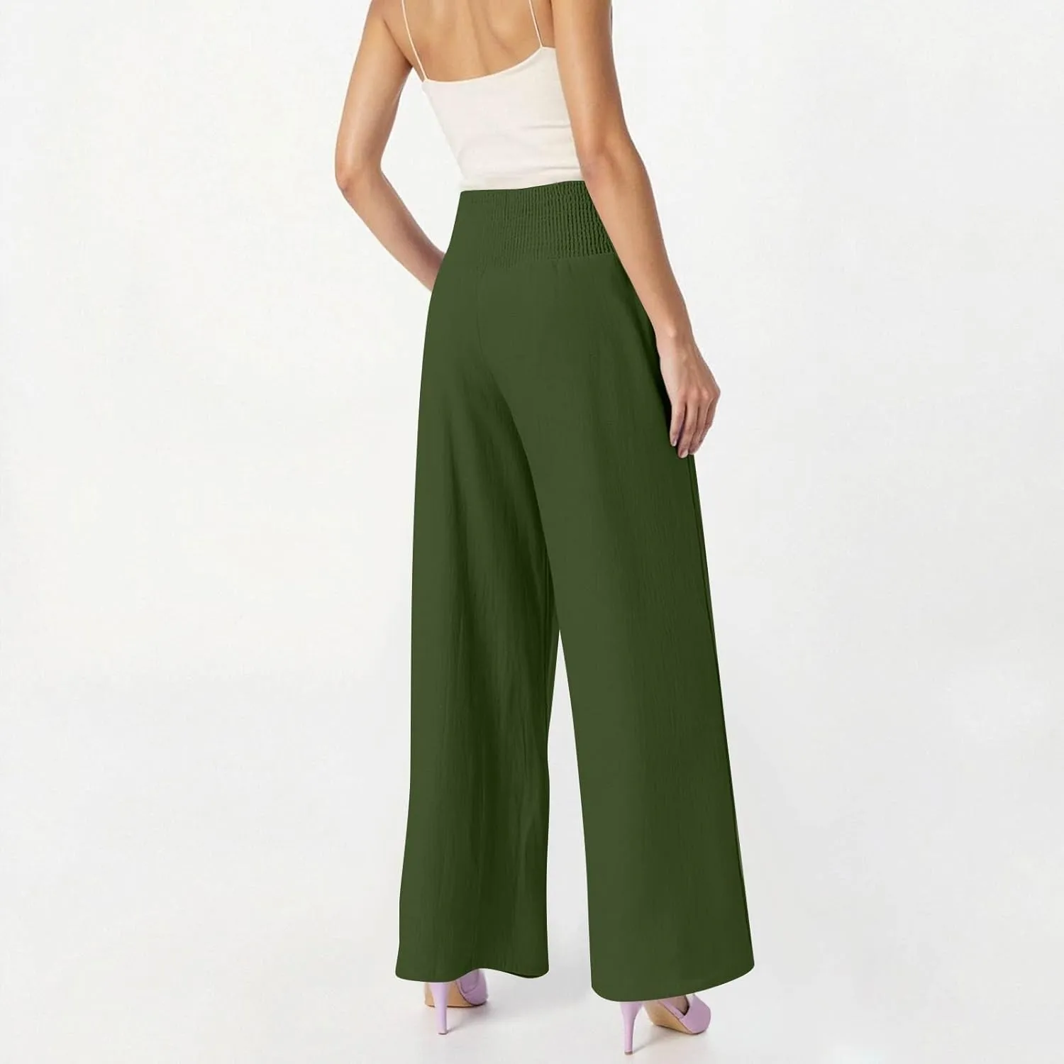 Baggy Linen Pants Women Summer High Waisted Wide Leg Palazzo Pants Smocked Pant Lounge Work Trousers with Pockets
