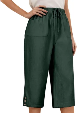 Below Knee Capris for Women Cotton Linen Cropped Pants Summer Casual Elastic High Waisted Harem Trousers with Pockets