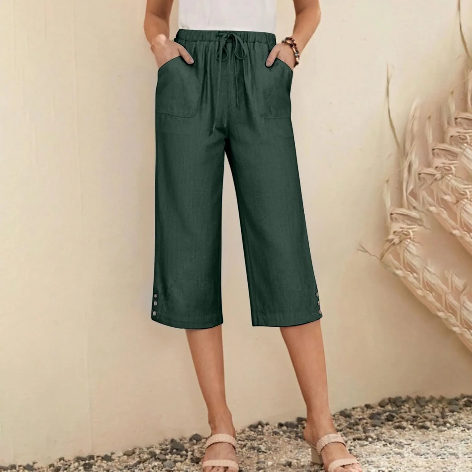 Below Knee Capris for Women Cotton Linen Cropped Pants Summer Casual Elastic High Waisted Harem Trousers with Pockets