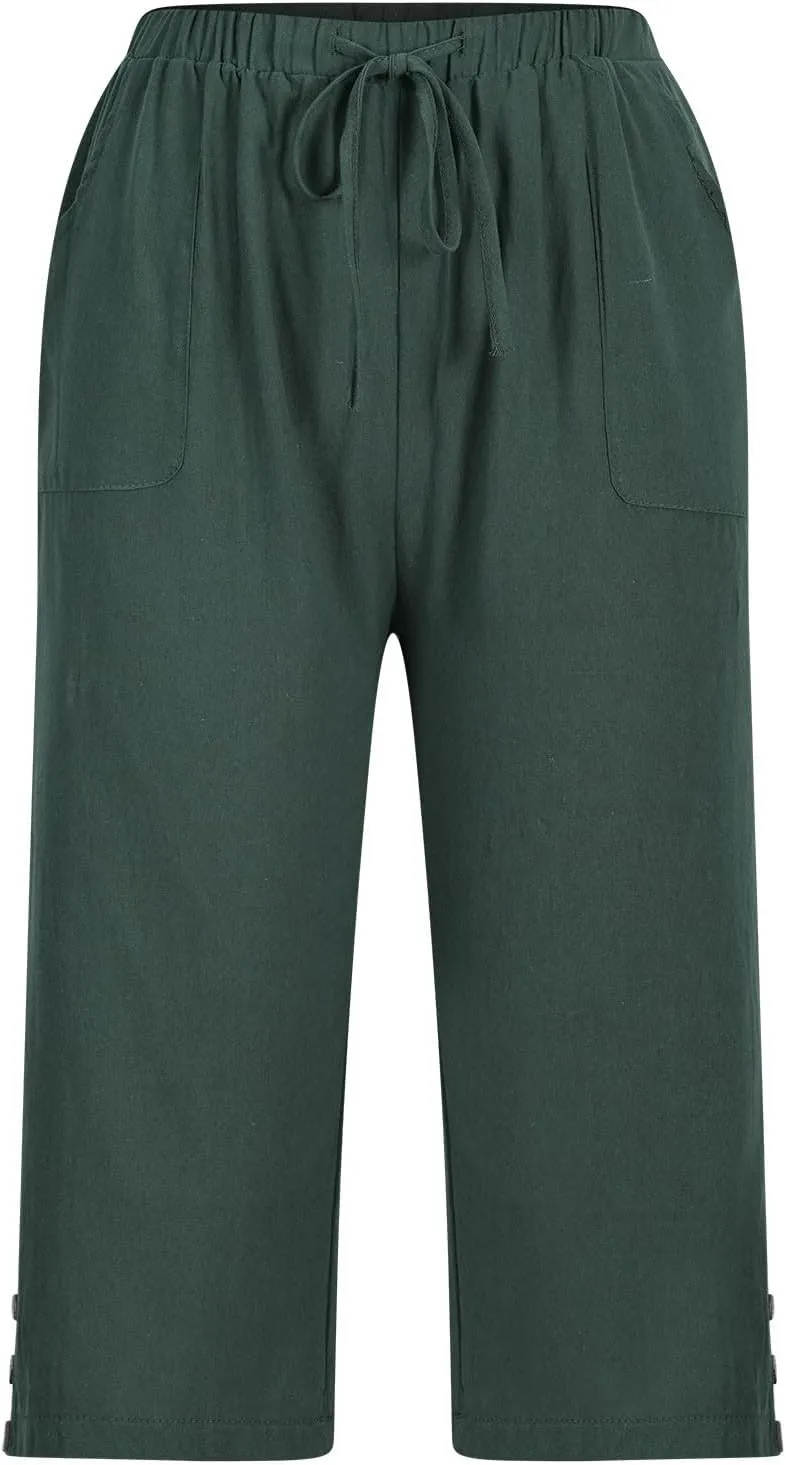 Below Knee Capris for Women Cotton Linen Cropped Pants Summer Casual Elastic High Waisted Harem Trousers with Pockets