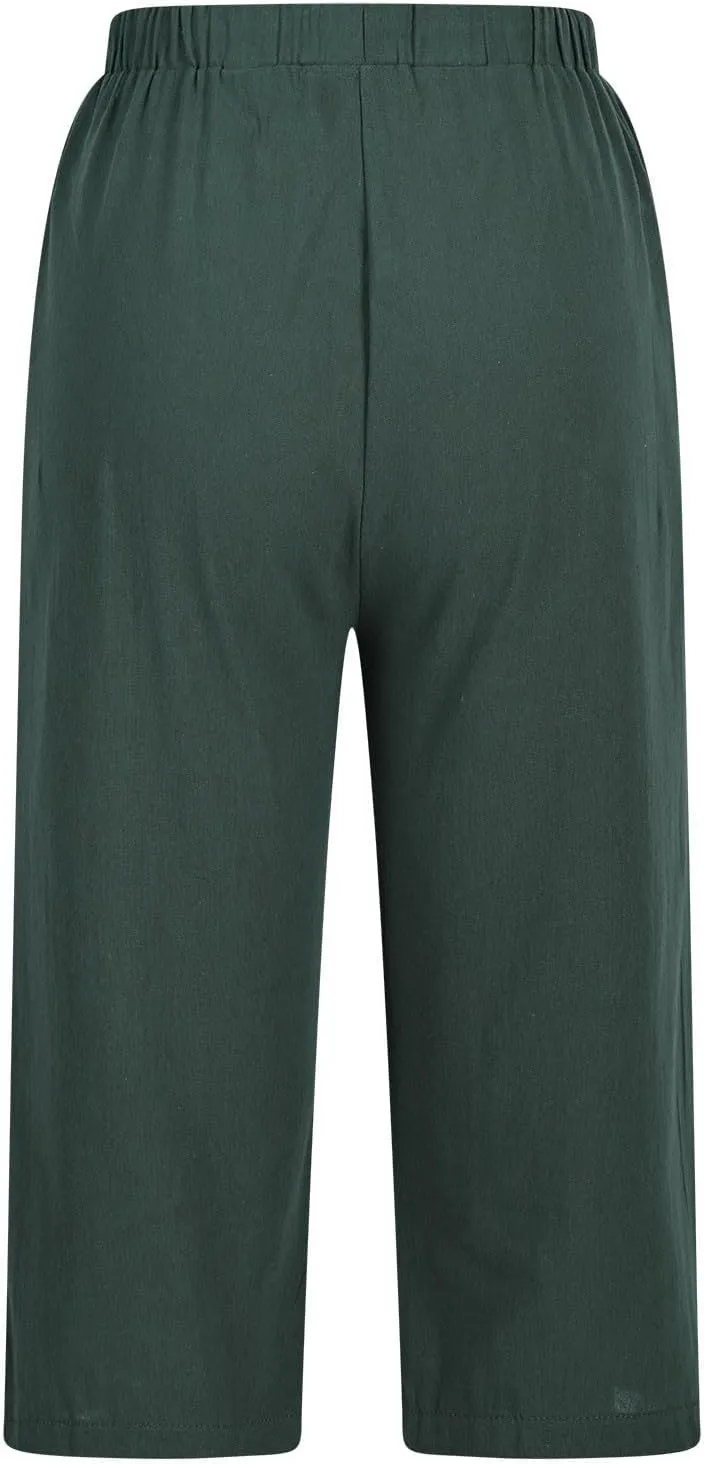 Below Knee Capris for Women Cotton Linen Cropped Pants Summer Casual Elastic High Waisted Harem Trousers with Pockets