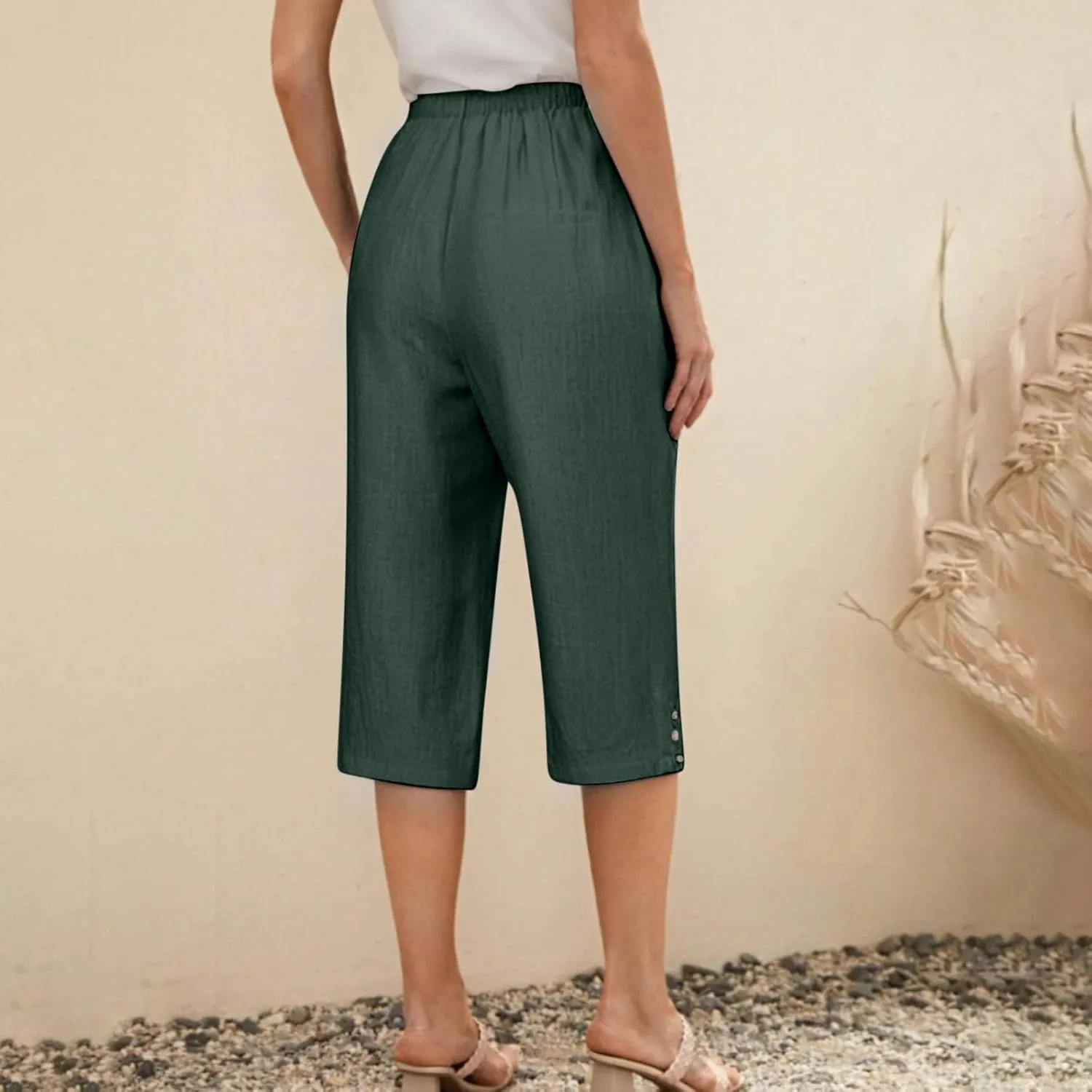 Below Knee Capris for Women Cotton Linen Cropped Pants Summer Casual Elastic High Waisted Harem Trousers with Pockets