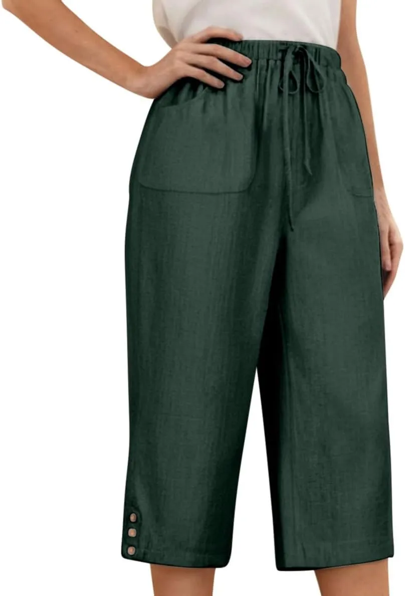 Below Knee Capris for Women Cotton Linen Cropped Pants Summer Casual Elastic High Waisted Harem Trousers with Pockets