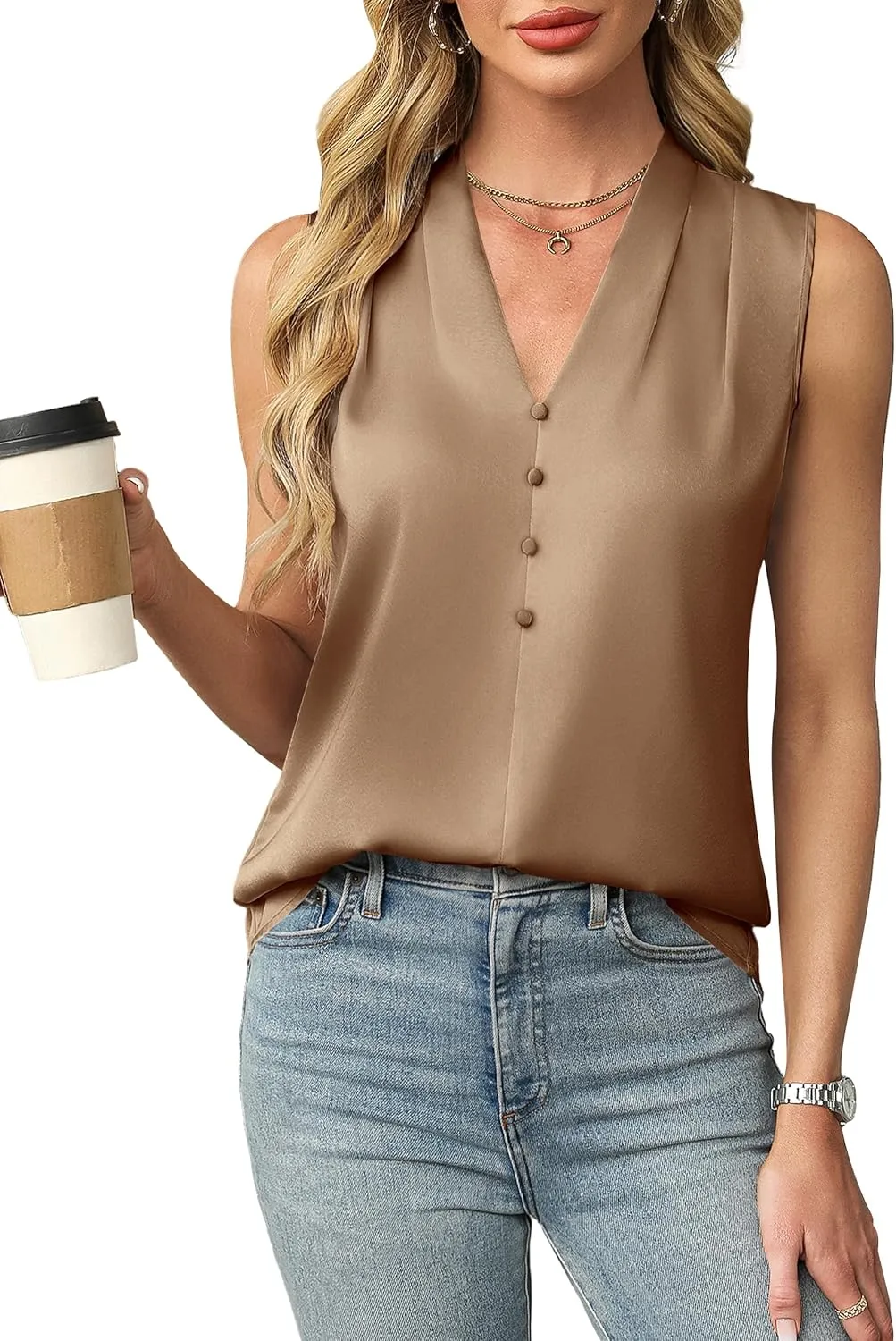 Blooming Jelly Womens Dressy Tank Tops Summer Sleeveless Work Blouses Silk Satin V Neck Shirts Business Casual Outfits