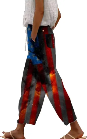 Boho Linen Pants for Women 2025 Sleeve Independence Day American Flag Print Family Print Pants Capri Pants 2025