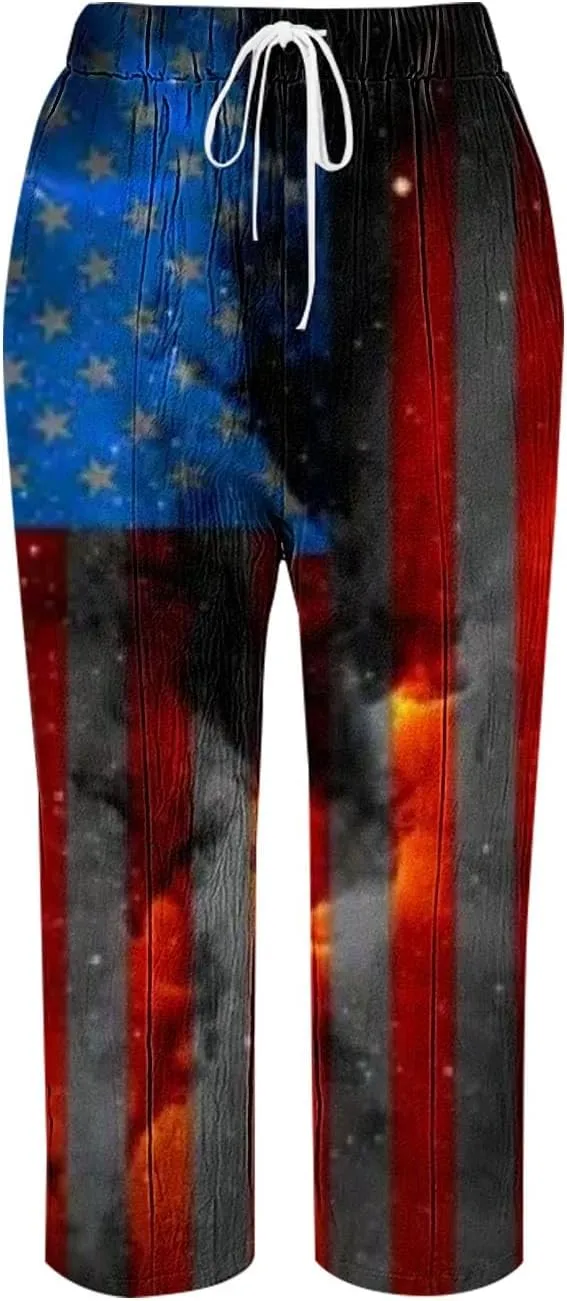 Boho Linen Pants for Women 2025 Sleeve Independence Day American Flag Print Family Print Pants Capri Pants 2025